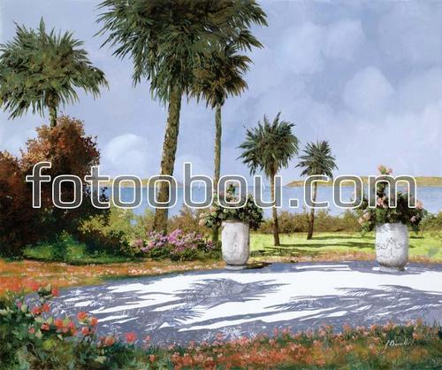 море, парк, пальмы, живопись, рисунок