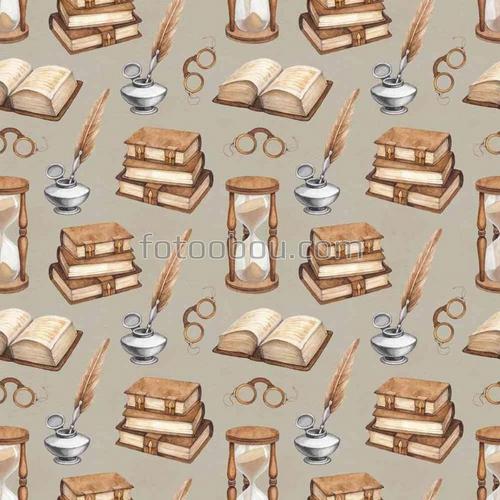 книги, очки, песочные часы, абстракция