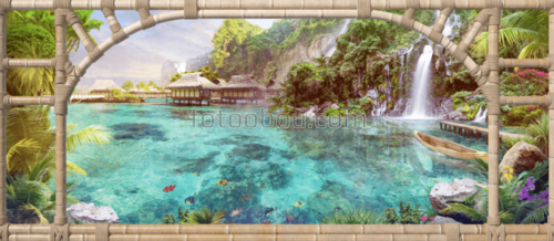 пальмы , водопад ,рыбки ,море ,океан ,солнце ,вода ,камни ,цветы ,лодка