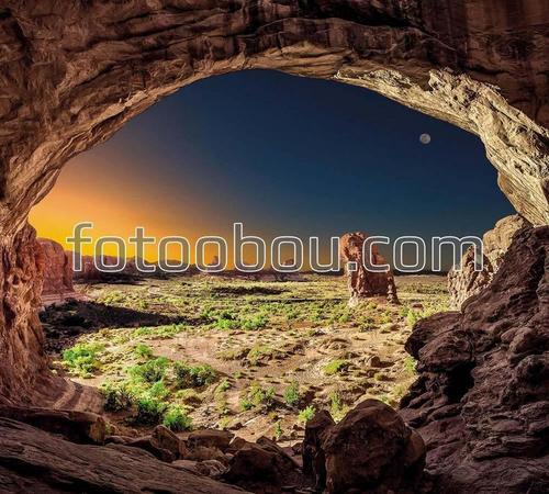 скалы, горы, пещера, луна, пустыня, рассвет