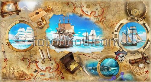 пираты, корабль, карта сокровищ, корсары