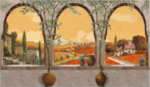 арка,поля ,ваза ,дома ,лестница ,деревья ,облака