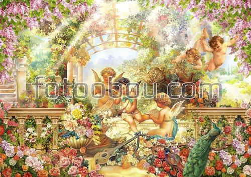 ангелы, цветы, павлины, лучи, арка, ступени, сирень ,птица 