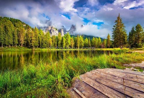 лес, озеро, пирс, деревья, небо, облака