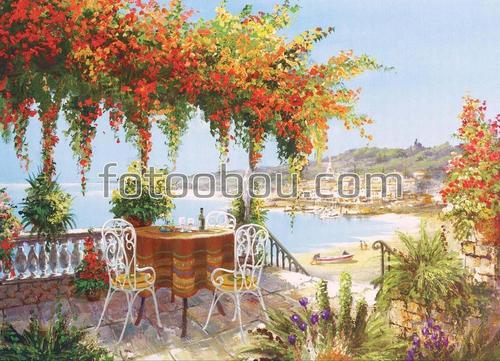 живопись, терраса, столик, море, набережная, рисунок