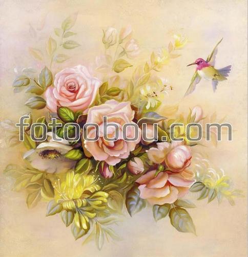 цветы, розы, живопись, птичка, картина