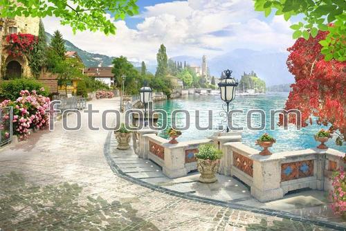 набережная, море, терраса, цветы, облака