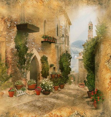 дворик, улица, цветы, старый город