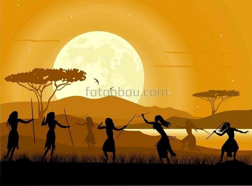аборигены, африка, природа, луна, ночь
