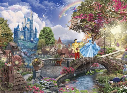 золушка ,замок ,радуга ,деревья ,собака ,дома ,птицы 