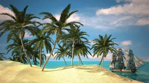 море, океан, пальмы, остров, пляж, песок, корабль