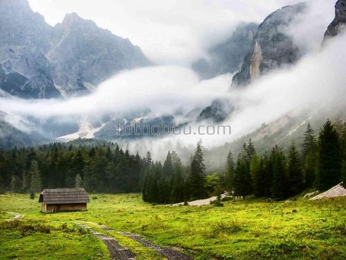 природа, домик, лес, туман, горы, скалы