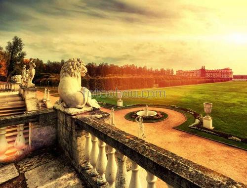 лестница, львы, статуи, парк, лужайка