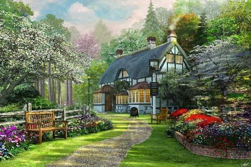 домик, дорога, лес, алея, цветы, лавка