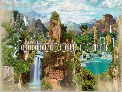 горы, озеро, водопады, природа, облака