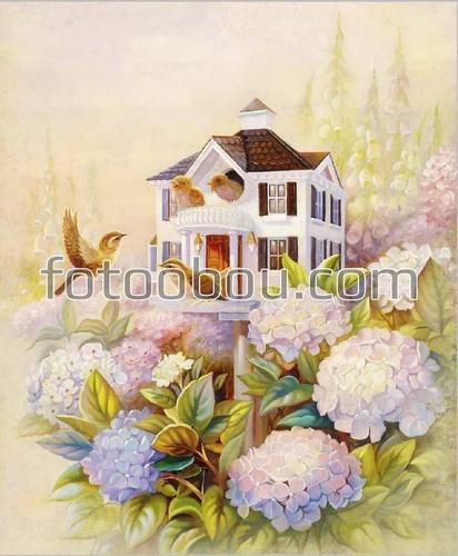 живопись, картина, цветы, птицы, скворечник