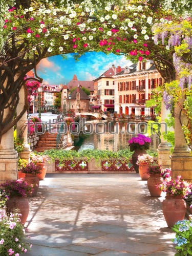 арка, цветы, вид, река, улица, Венеция, лестница, дома, мостик