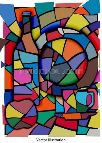 абстракция, натюрморт, бутылка, чашка, тарелка