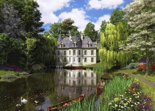 река, лодки, дом, особняк, замок, парк