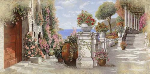 город, море, дворик, колонны, ступени, цветы