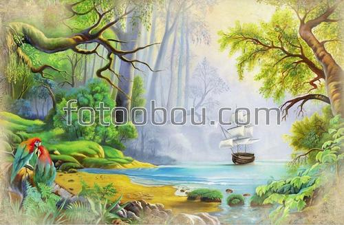 живопись, картина, джунгли, деревья, корабль, река