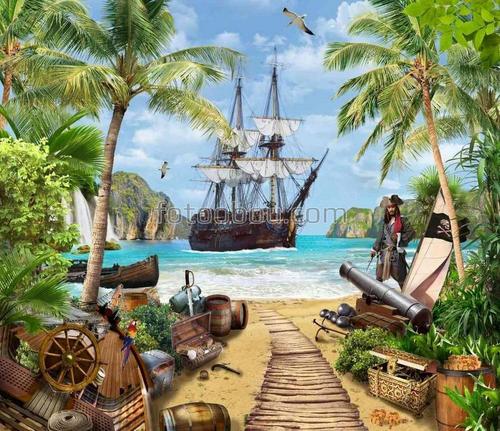 пират,море ,пальмы ,океан ,скалы ,корабль ,водопад ,песок ,пушка ,небо ,попугай ,птица ,меч ,лодка