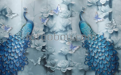 синие павлины, 3д, 3d, магнолии, цветы, на стену, стена, дизайнерские, фреска