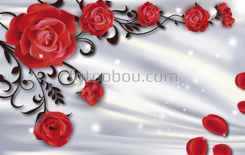 розы, бутоны, атлас, ветки, листья, 3д