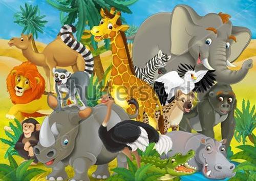 жираф, слон, носорог, лев, страус, зебра, гиена, верблюд, бегемот, крокодил, обезьна