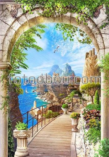 горы, море, арка, колонны, дорога