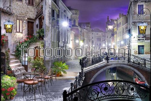 ночная венеция, италия, канал, улица, кафе