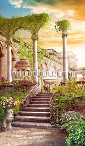 арка ,лестница ,цветы ,фонтан ,небо