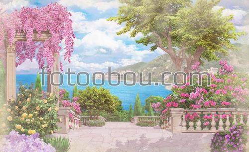 терраса, море, парк, горы, цветы