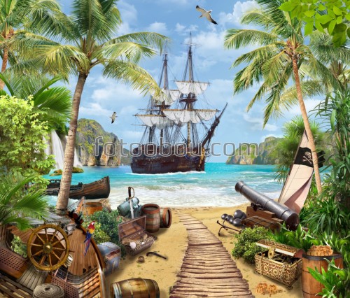остров, сокровище, пальмы, сундук, корабль