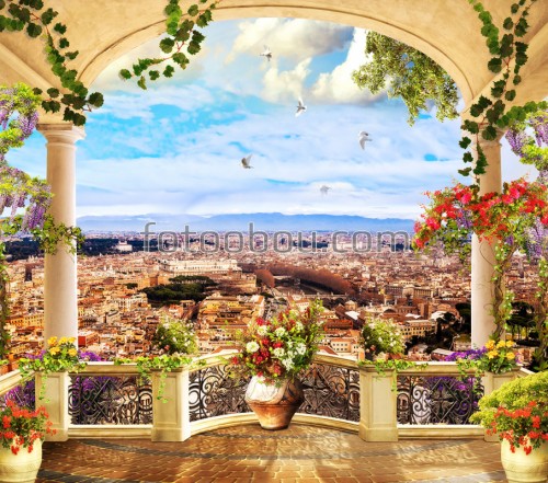 балкон, вид, город, дома, цветы, небо, птицы