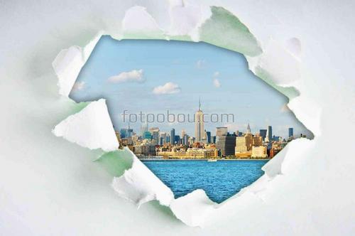 бумага, дыра, город, небоскребы, нью-йорк