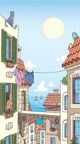 дом, собака, кошка, птицы, веревка, вещи, небо, солнце