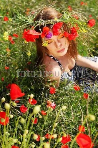 поле, девушка, венок, маки, цветы, природа