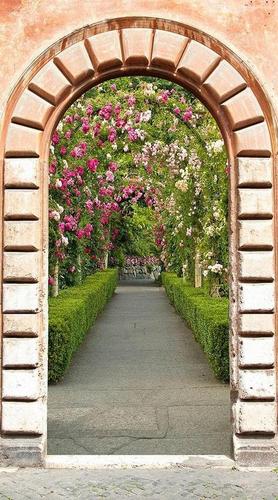 арка, парк, аллея, трава, цветы, зеленый, розовый, красный