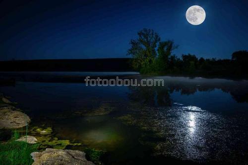 природа, ночь, луна, озеро