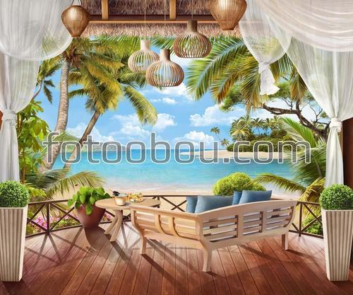 беседка, терраса, море, пляж, песок, природа