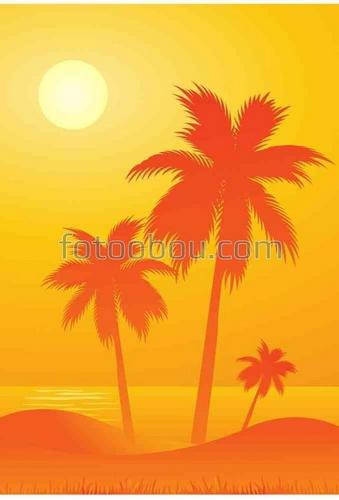 абстракции, природа, пальмы, солнце, остров, море, закат