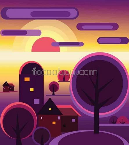 для детей, мультфильм, рисунок, закат, дом