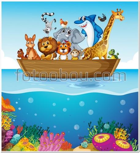 для детей, животные, вода, лодка, путешествие, детские