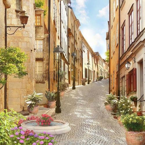 улица, цветы, фонтан, италия