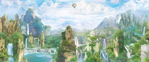 фентези, горы, водопады, природа, небо, облака