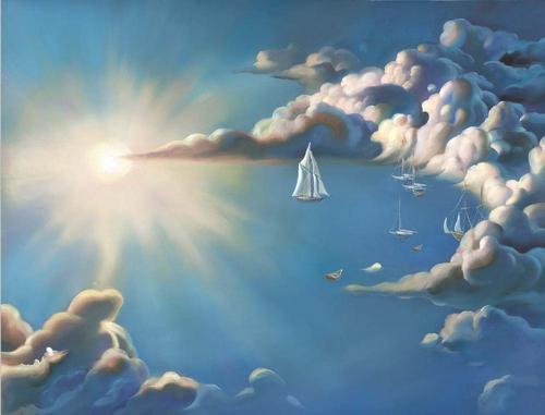 небо, солнце, облака, корабли