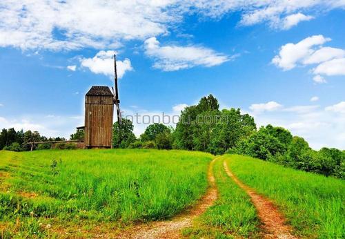 трава, пригорок, дорога, деревья, мельница, небо, облака
