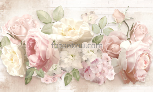 цветы, букет, пионы, розы, гортензии, 3д, 3d, на стену, стена, купить, стереоскопические