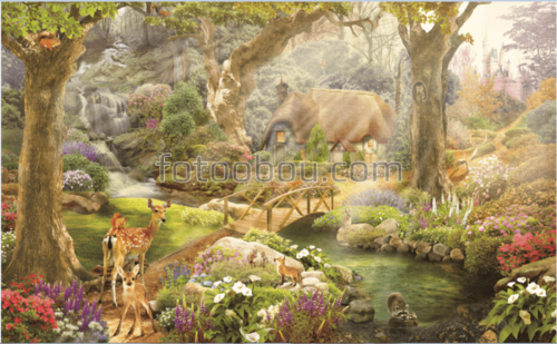 лес ,звери ,деревья ,речка ,ручей ,лучи ,солнце ,белка ,олень ,трава